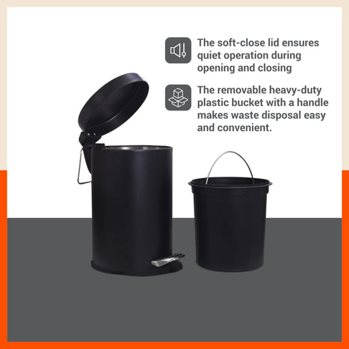 Bathla Accord Black Step Dustbin for Home, Office & Kitchen - 5 Litres | Heavy-Duty Step Bin with Foot Pedal | Durable & Hands-Free Waste Bin